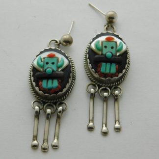 BEV ETSATE Zuni Stone Inlay and Sterling Silver Horned Kachina Earrings