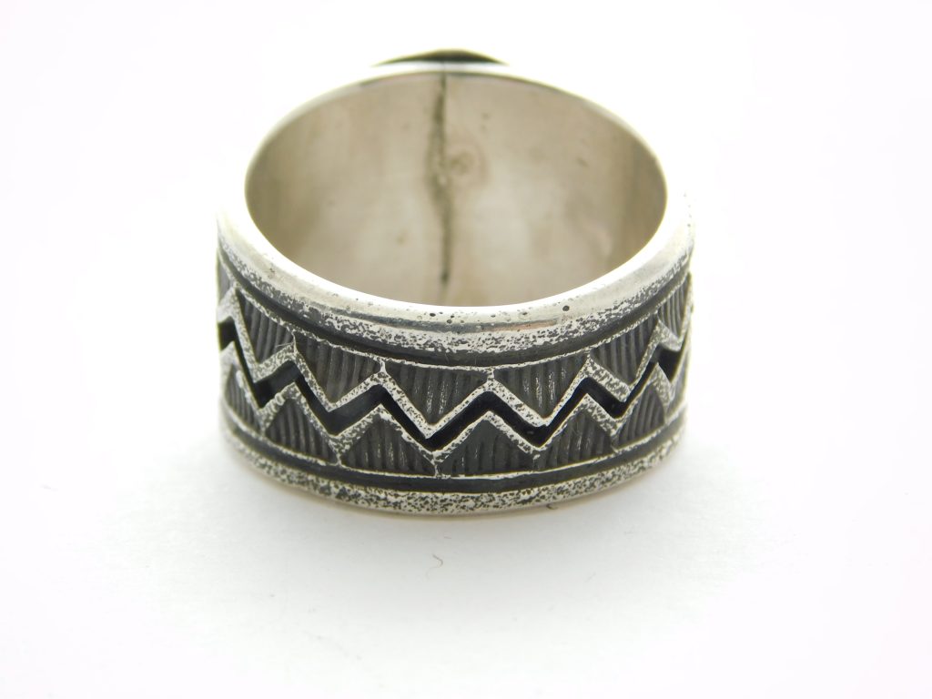 Rear view of Aaron John Navajo Tufa Cast Sterling Silver and Turquoise Ring