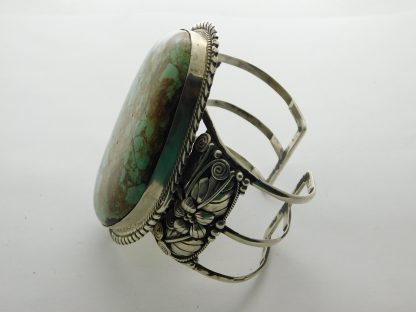 Side view of HUGE Hachita Turquoise and Sterling Silver Repousse Cuff