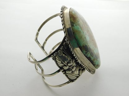 Side view of HUGE Hachita Turquoise and Sterling Silver Repousse Cuff