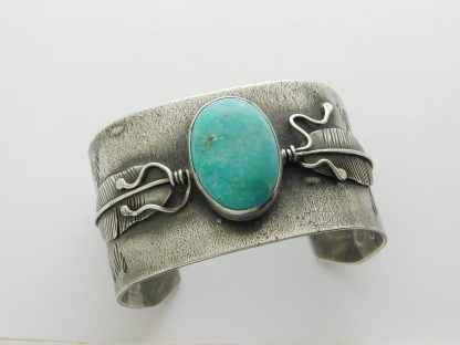 DENNIS NOFCHISSEY Navajo 2 Feather Sterling Silver and Turquoise Bracelet