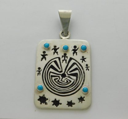 James Fendenheim Tohono O'odham Sterling Silver and Sleeping Beauty Turquoise Man-In-The-Maze Pendant