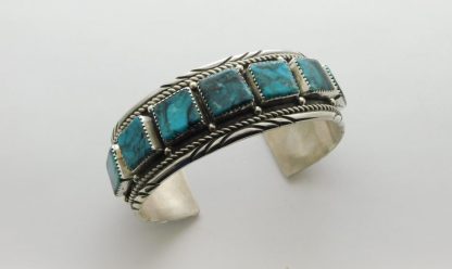 LEE AND VERNA WESLEY Navajo Square Stone Kingman Turquoise and Sterling Silver Bracelet