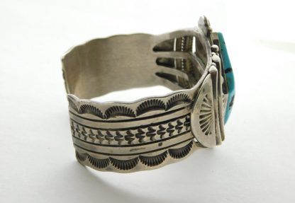 Side view of THOMAS TSO Navajo SLEEPING BEAUTY Turquoise and Sterling Silver Bracelet Size 7-1/4