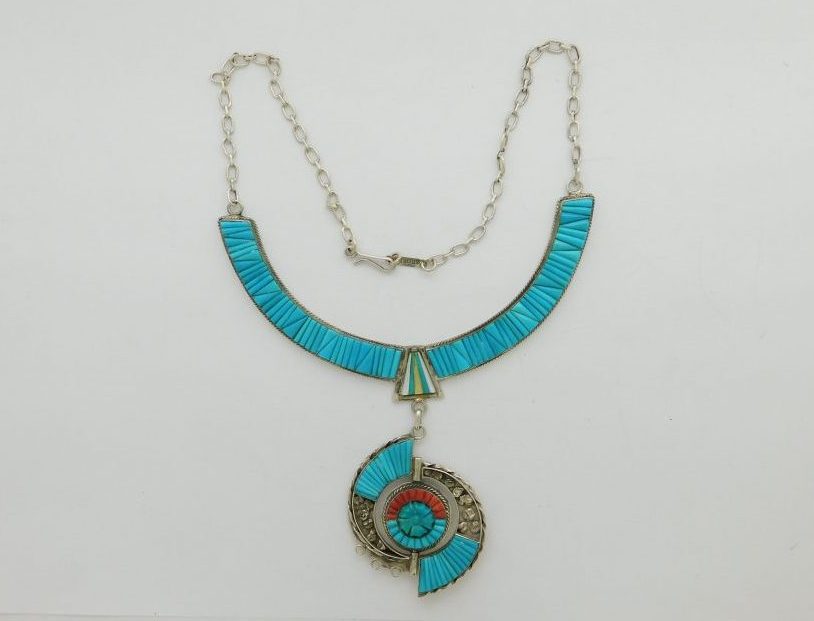 J.M. Handcrafted Spinner Sterling Silver, Coral, and Turquoise Necklace