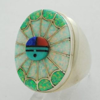 Amy Quandalacy Zuni Lab Opal, Turquoise, Lapis, Coral, and Black Onyx Sunface Sterling Silver Ring