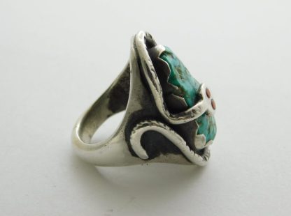 Side view of Effie Calavaza Zuni Stone Mountain Turquoise Sterling Silver Snake Ring Size 8-1/2