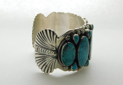 Side view of ROBERT SHAKEY Navajo MORENCI Turquoise & Sterling Silver “BIG BOY” Row Bracelet Size 7-7/8