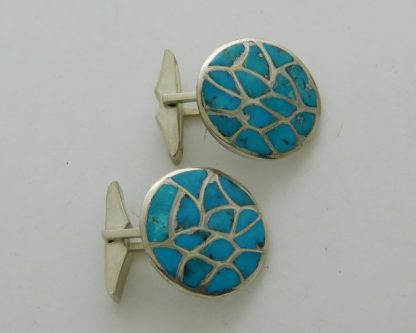Fred Roby Zuni Kingman Turquoise Channel Inlay Sterling Silver Cufflinks