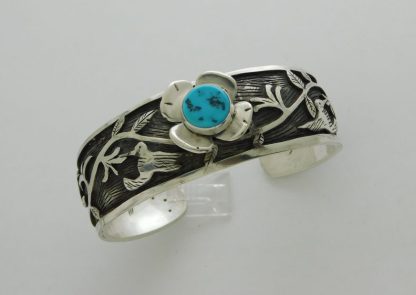 ADAM RAMIREZ Ute / Acoma Pueblo Hummingbird, Vine and Sleeping Beauty Turquoise Flower Sterling Silver Bracelet