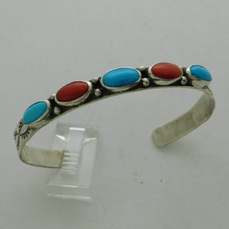 LAROSE GANADONEGRO Navajo SLEEPING BEAUTY Turquoise, Coral and Sterling Silver Bracelet Size 6-5/8
