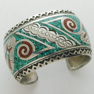 Juan Singer Navajo Wide Sterling Silver Turquoise and Coral Chip Inlay Bracelet