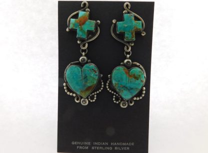 DEAN SANDOVAL Navajo Kingman Turquoise and Sterling Santa Fe Cross and Heart Earrings