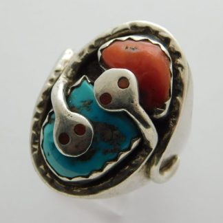 EFFIE CALAVAZA Zuni Kingman TURQUOISE and Mediterranean CORAL Sterling Silver Ring Size 10-1/4