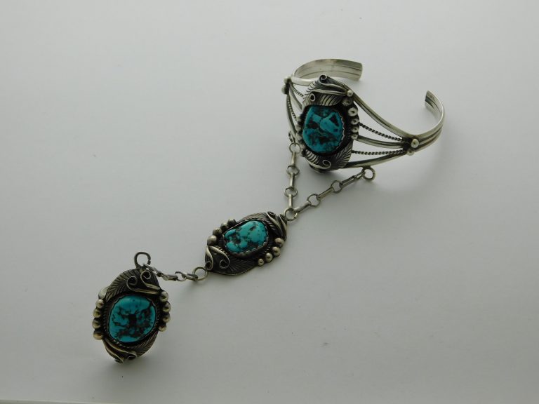 Yellowhorse Navajo Sterling Silver and Kingman Turquoise Slave Bracelet Ring Size 8-1/4