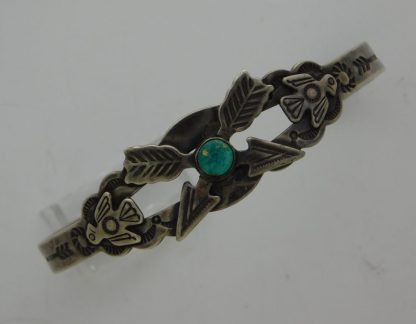 FRED HARVEY Arrows, Crossed Arrows, and Thunderbird Cerrillos Turquoise Sterling Silver Bracelet