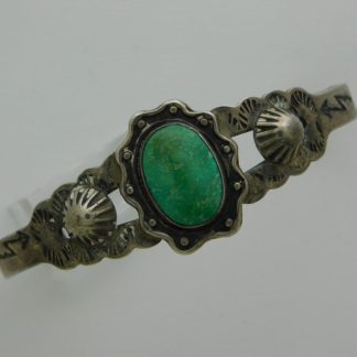 Fred Harvey Repousse’ Cactus, Lightening Bolt, and Cerrillos Turquoise Sterling Silver Bracelet