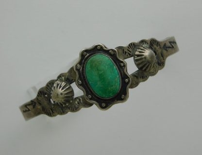 Fred Harvey Repousse’ Cactus, Lightening Bolt, and Cerrillos Turquoise Sterling Silver Bracelet