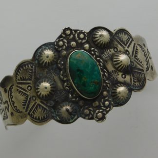 FRED HARVEY Repousse’ Thunderbird, Arrow, and Cerrillos Turquoise Sterling Silver Bracelet