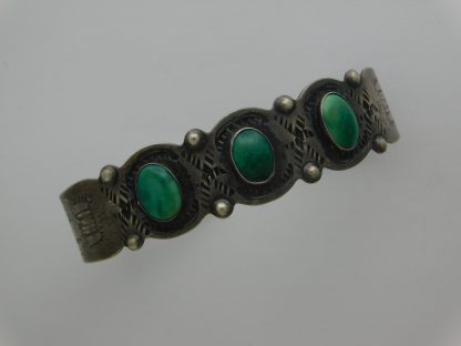 Fred Harvey Thunderbird and Triple Cerrillos Turquoise Cabochon Sterling Silver Bracelet