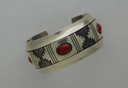 AL JOE Navajo Sterling Silver and Mediterranean Coral Stamped Shadowbox Bracelet