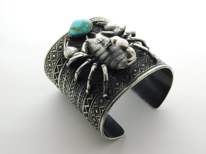 Floyd Parkhurst Navajo Scorpion and Heavily Stamped Sterling Silver and Turquoise Bracelet