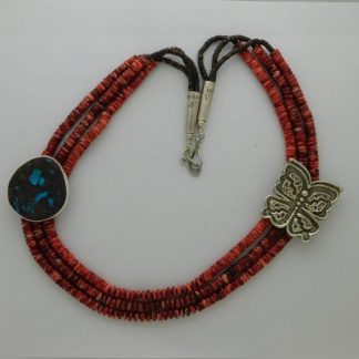 Joel Pajarito Santo Domingo Pueblo (Kewa') Red Spiny Oyster Shell, Bisbee Turquoise, and Tufa Cast Butterfly Necklace