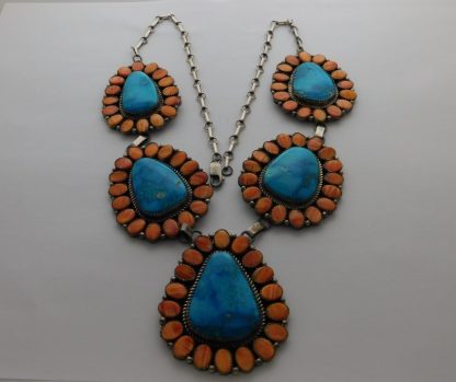 Elizabeth Etsitty Navajo Kingman Turquoise and Orange Spiny Oyster Shell Necklace