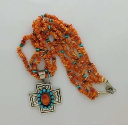 Melvin Francis Navajo Sterling Silver, Sleeping Beauty turquoise, and Orange Spiny Oyster Shell Necklace