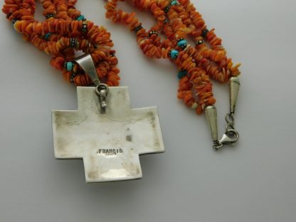 Reverse view of Melvin Francis Navajo Sterling Silver, Sleeping Beauty turquoise, and Orange Spiny Oyster Shell Necklace