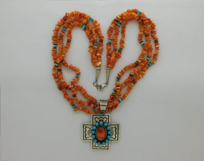 Melvin Francis Navajo Sterling Silver, Sleeping Beauty turquoise, and Orange Spiny Oyster Shell Necklace