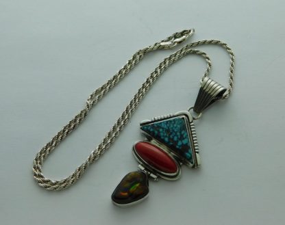 Charles Johnson Navajo Turquoise, Coral, and Fire Agate Sterling Silver Pendant