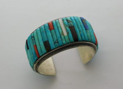 CJ Hallmarked Cobblestone Turquoise, Coral, Ironwood, Lapis, and Mother of Pearl Sterling Silver Bracelet