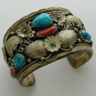 Morty Johnson Navajo Kingman Turquoise and Coral Sterling Floral Bracelet