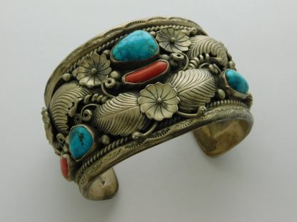 Morty Johnson Navajo Kingman Turquoise and Coral Sterling Floral Bracelet