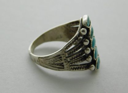 Side view of 1930 Navajo Split Shank Turquoise Hand Stamped Sterling Ring