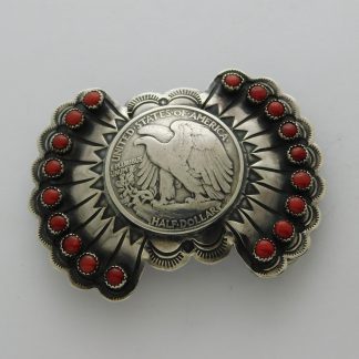 Buffalo Dancer Coin Silver and Coral Belt Buckle