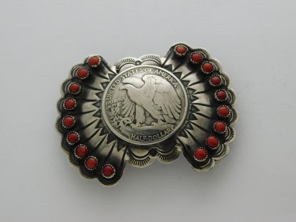 Buffalo Dancer Coin Silver and Coral Belt Buckle
