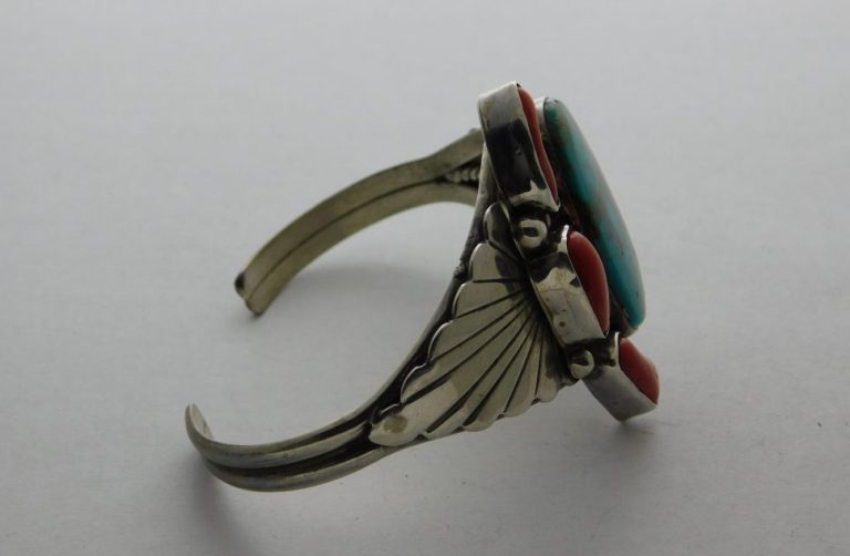 Side view Marie Bahe Navajo Turquoise & Coral Bracelet