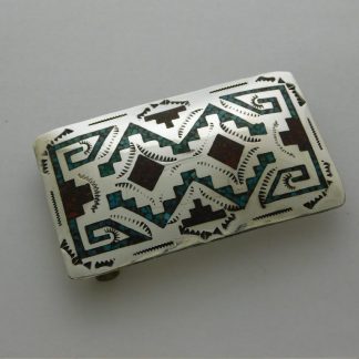 T HMIJ Signed Chip Inlay Sterling Silver Belt Buckle