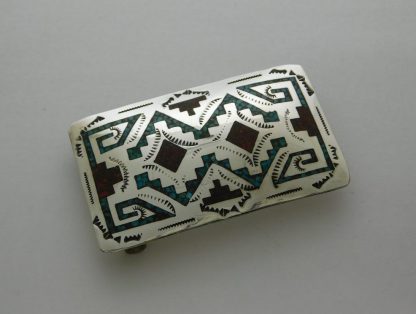 T HMIJ Signed Chip Inlay Sterling Silver Belt Buckle